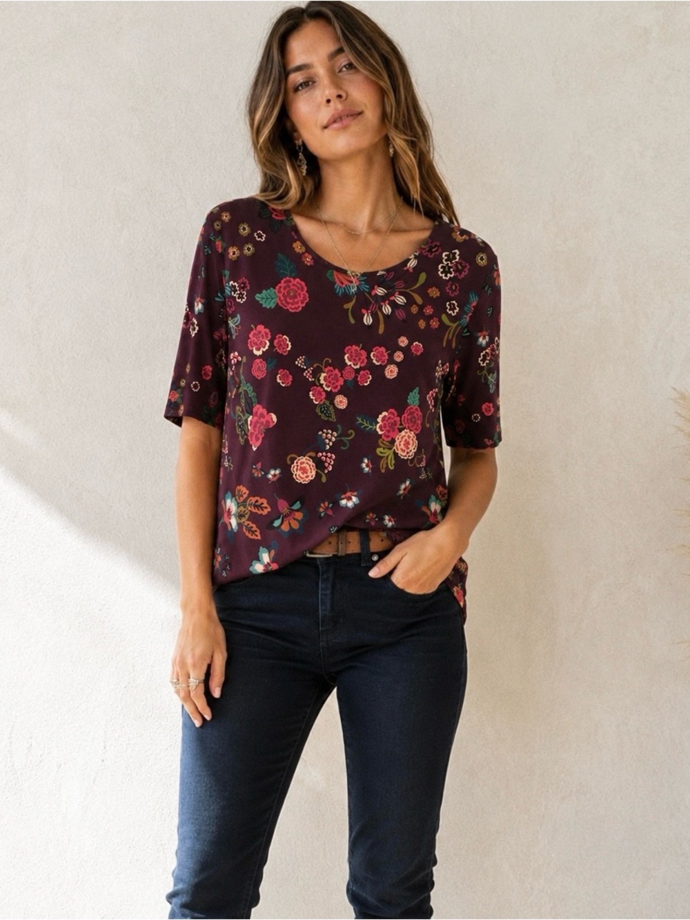 Johnny Was Boho Burgundy Plum Floral Tunic Top Large Relaxed Whimsigoth Artsy